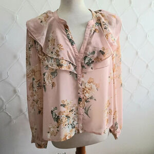 • Umgee • Pink Floral Print Blouse • Ruffle Lapel • Tagged Large • Ethereal